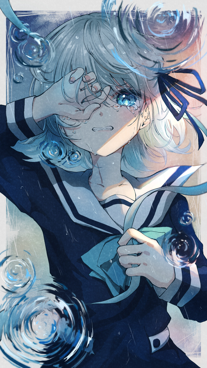 1girl, absurdres, arm_up, black_dress, blue_eyes, character_request, covering_one_eye, crying