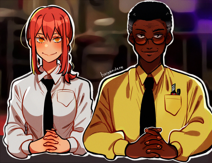 1boy, 1girl, animification, artist_name, bangs, black_hair, black_necktie, braid
