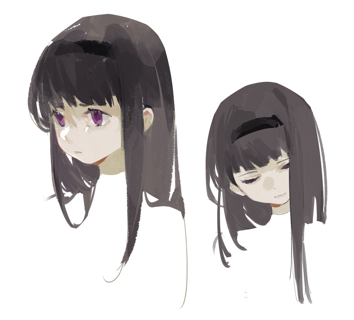 1girl, akemi_homura, baifeidaiwang, bangs, black_hairband, blunt_bangs, closed_eyes, closed_mouth