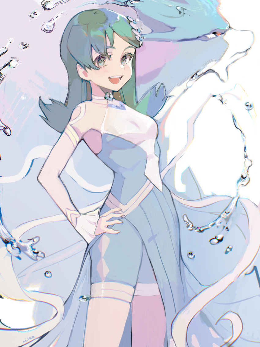 1girl, :d, bangs, breasts, detached_sleeves, diamond_(shape), dress, eyelashes