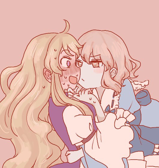 2girls, blonde_hair, blue_kimono, blush, dress, full-face_blush, hand_on_another's_chin, japanese_clothes