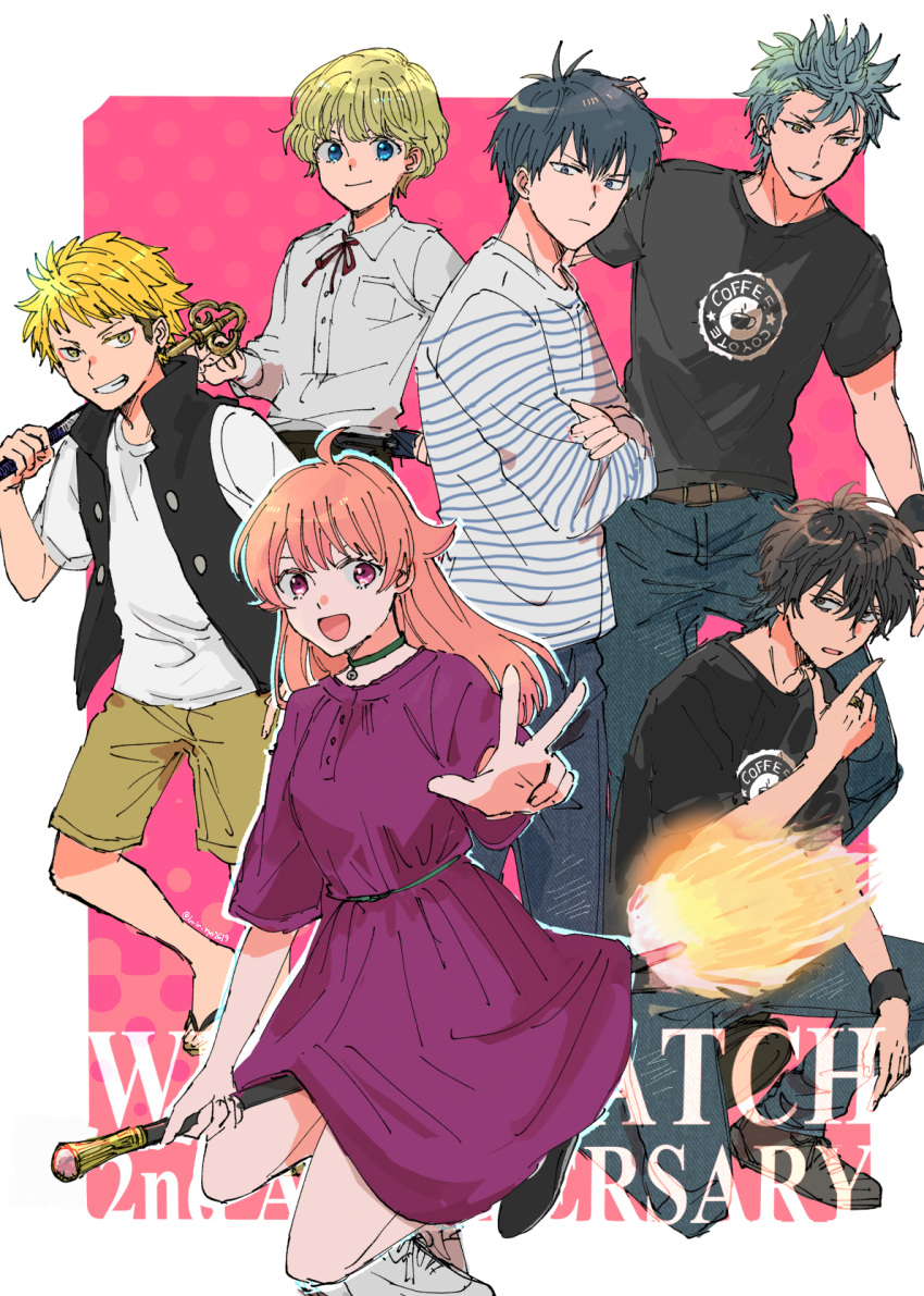 1girl, 4boys, anniversary, belt, black_hair, black_shirt, black_vest, blonde_hair