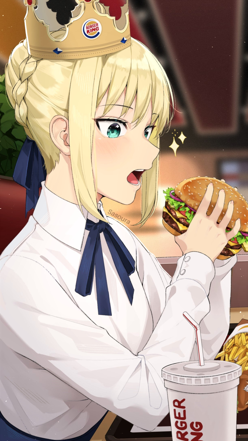1girl, aqua_eyes, artist_name, artoria_pendragon_(fate), bendy_straw, blonde_hair, blue_ribbon, blurry