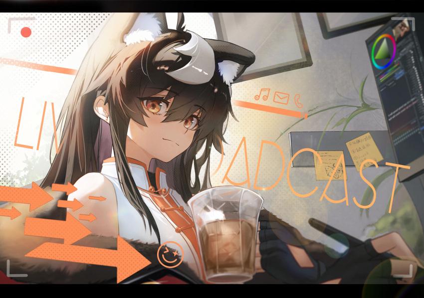 1girl, absurdres, animal_ear_fluff, arrow_(symbol), bare_shoulders, black_gloves, black_hair, blush