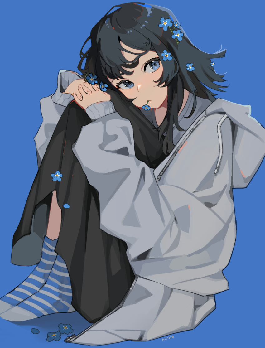 1girl, artist_name, bangs, black_hair, black_skirt, blue_background, blue_eyes, blue_flower