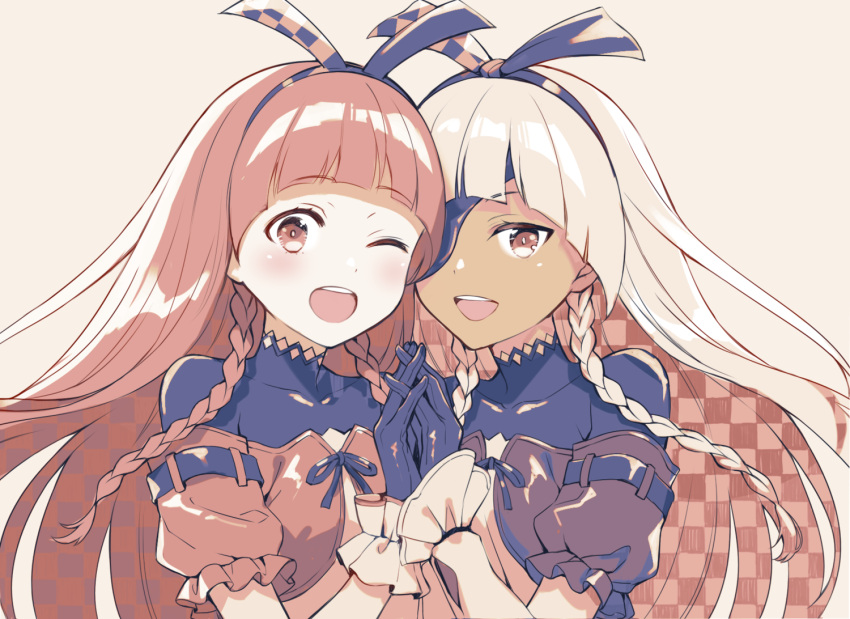2girls, alyce_(dohna_dohna), blush, bodysuit, bodysuit_under_clothes, braid, dark-skinned_female, dark_skin