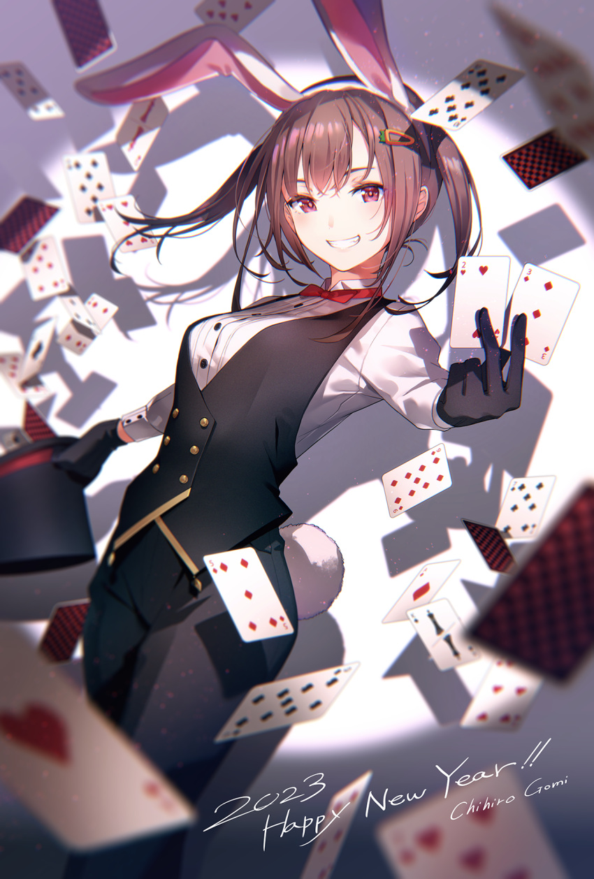 1girl, 2023, animal_ears, artist_name, bangs, black_gloves, black_headwear, black_pants