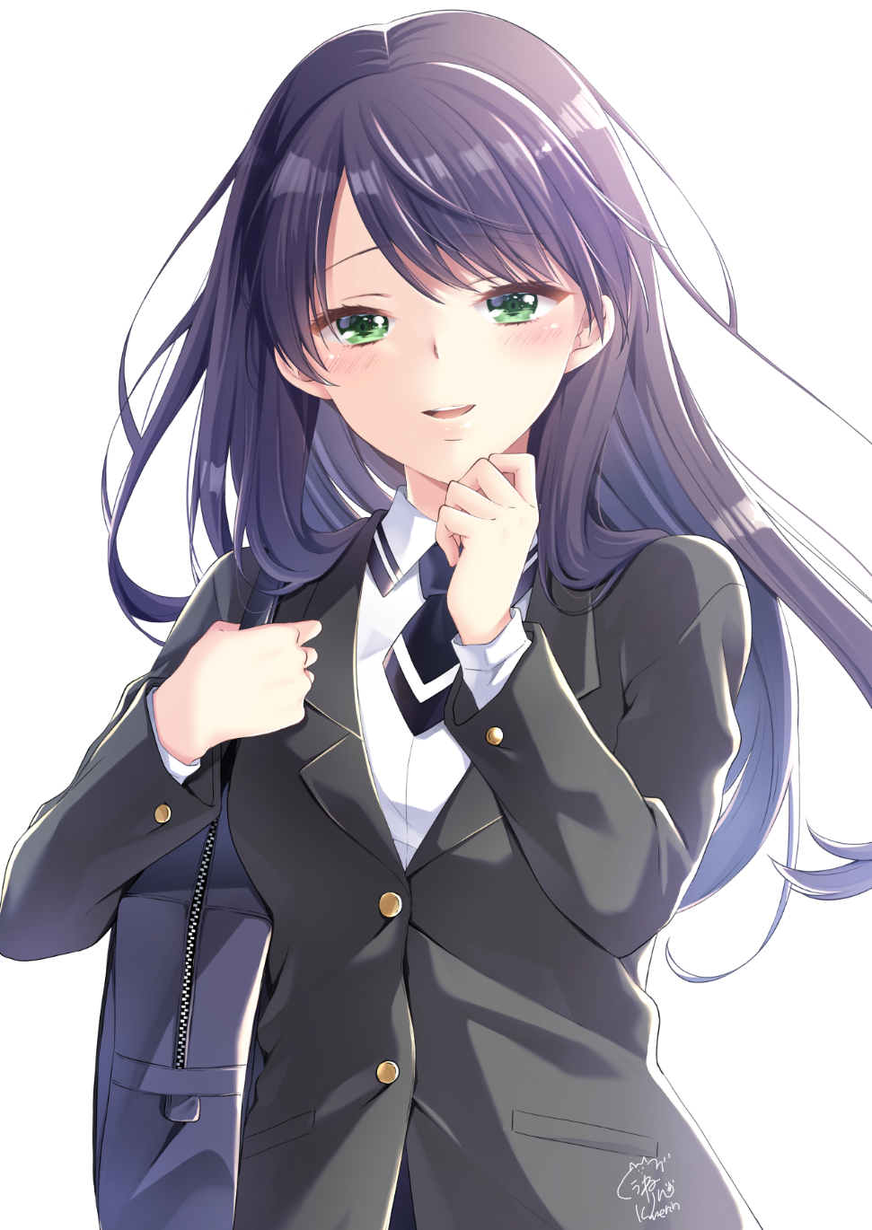 bag, bangs, black_hair, black_jacket, blazer, collared_shirt, commentary_request, dress_shirt