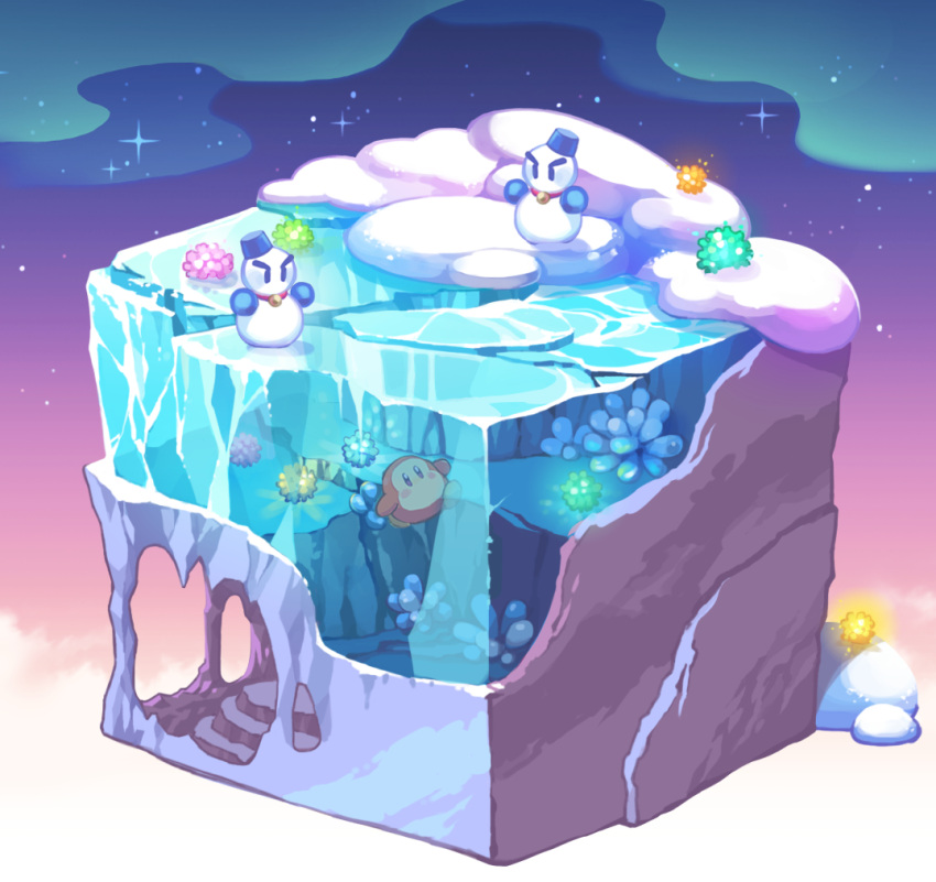 43, blue_headwear, blush, blush_stickers, brown_eyes, cave, chilly_(kirby), clouds
