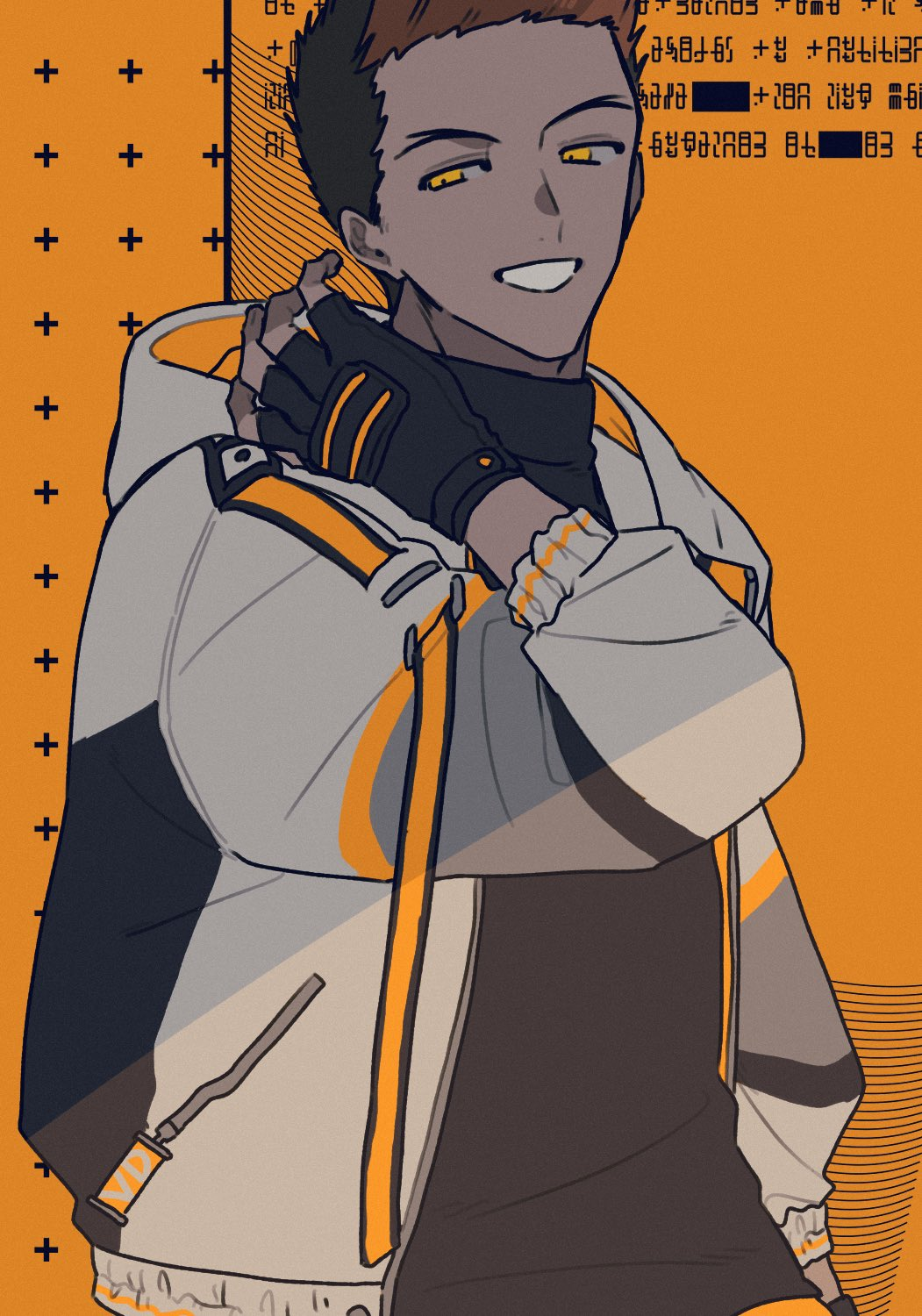1boy, 2_0_hatsu, black_gloves, black_hair, black_shirt, brown_hair, fingerless_gloves, from_side, gloves, hand_up, highres, hood, hood_down, hooded_jacket, jacket, kanda_tadaomi, long_sleeves, looking_at_viewer, male_focus, multicolored_hair, open_clothes, open_jacket, orange_background, orange_eyes, shirt, short_hair, smile, solo, turtleneck, two-tone_hair, upper_body, white_jacket, world_trigger