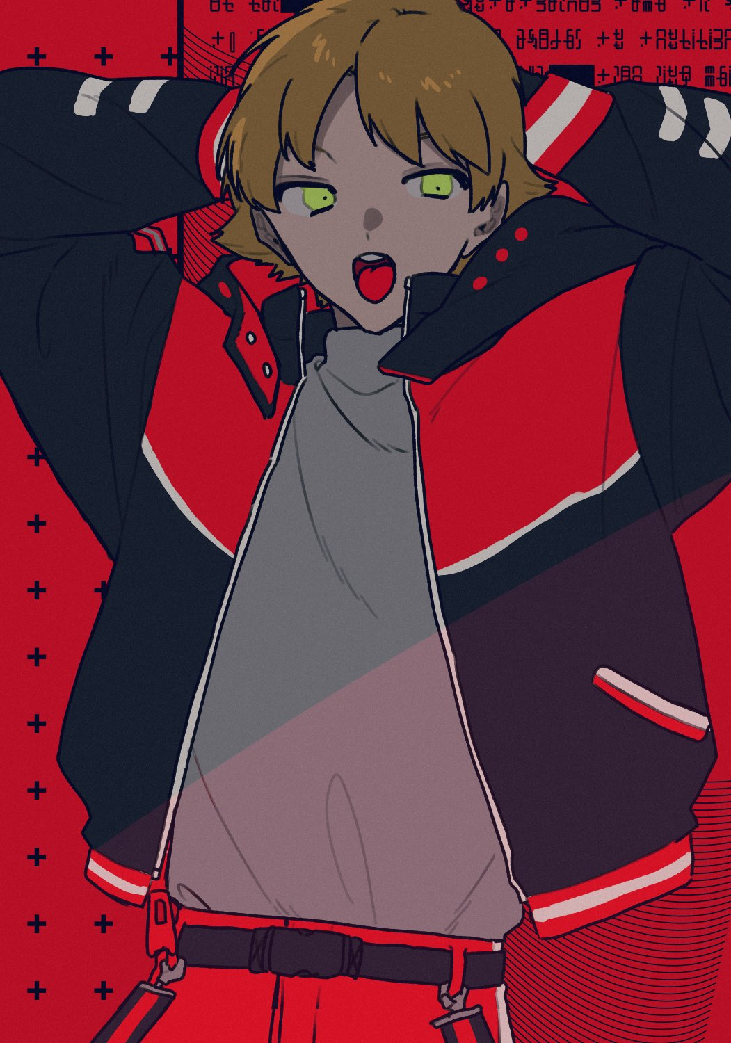 1boy, 2_0_hatsu, arms_behind_head, arms_up, bangs, belt, black_jacket, blonde_hair, green_eyes, grey_shirt, highres, jacket, long_sleeves, looking_at_viewer, male_focus, minamisawa_kai, open_clothes, open_jacket, open_mouth, red_background, shirt, short_hair, solo, tongue, tongue_out, upper_body, world_trigger