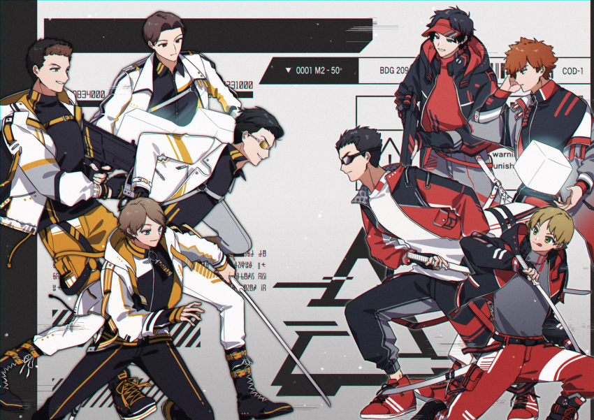 2_0_hatsu, 6+boys, :q, adapted_costume, bangs, belt, black_footwear, black_hair, black_shirt, blonde_hair, blue_eyes, boots, brown_hair, charging_forward, collared_shirt, cross-laced_footwear, cube, dress_shirt, faceoff, fighting_stance, glowing, goggles, gradient_clothes, grey_background, grey_jacket, grey_pants, grey_shirt, gun, hand_up, highres, holding, holding_gun, holding_sword, holding_weapon, hood, hood_down, hooded_jacket, ikoma_tatsuhito, jacket, kanda_tadaomi, knee_boots, kurauchi_kazuki, lace-up_boots, light_brown_hair, long_sleeves, looking_at_another, looking_away, looking_to_the_side, minamisawa_kai, mizukami_satoshi_(world_trigger), multicolored_hair, multiple_boys, o-ring, off_shoulder, oki_kouji, one_knee, open_clothes, open_jacket, orange_hair, ouji_kazuaki, pants, pocket, profile, ready_to_draw, red_footwear, red_headwear, red_jacket, red_shirt, rifle, scabbard, sheath, shirt, shoes, short_hair, smile, sneakers, sniper_rifle, swept_bangs, sword, tight, tight_shirt, tongue, tongue_out, two-tone_hair, uniform, unsheathed, visor_cap, weapon, white_jacket, white_pants, world_trigger, yellow_pants, yuba_takuma