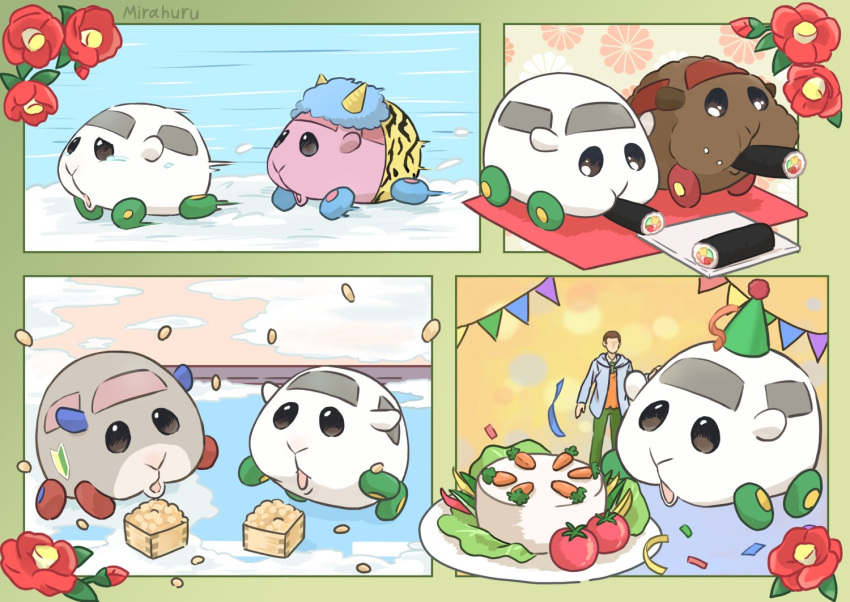 1boy, birthday, border, brown_hair, cake, carrot, character_request, chasing, commentary_request, confetti, crying, crying_with_eyes_open, eating, flower, food, food_in_mouth, food_on_face, full_body, green_border, green_headwear, green_pants, grey_hoodie, guinea_pig, hat, hood, hood_down, hoodie, lettuce, makizushi, mirahuru07, molcar, motion_lines, open_clothes, open_hoodie, open_mouth, pants, party_hat, pennant, peter_(pui_pui_molcar), pui_pui_molcar, red_flower, shiromo's_driver_(pui_pui_molcar), shiromo_(pui_pui_molcar), short_hair, streamers, string_of_flags, sushi, tears, teddy_(pui_pui_molcar), tomato, tray, vegetable