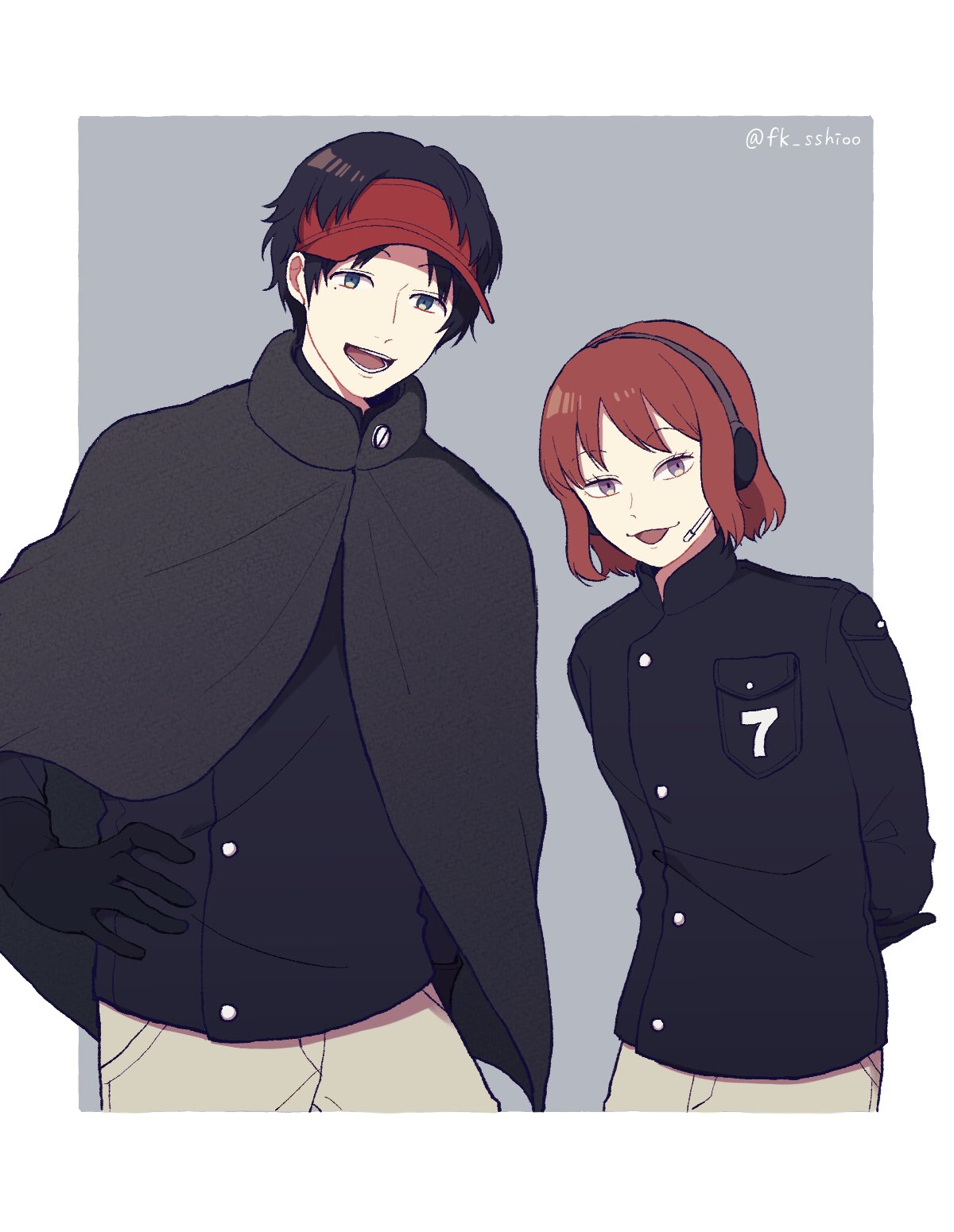 1boy, 1girl, :3, :d, arms_behind_back, bangs, black_cloak, black_gloves