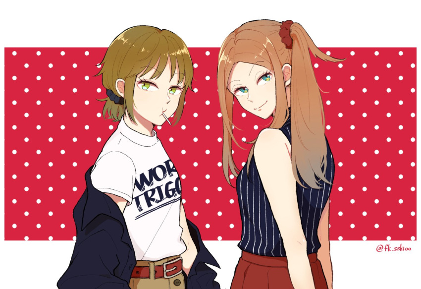 2girls, alternate_hairstyle, bangs, bare_shoulders, black_jacket, blonde_hair, blue_eyes, brown_hair