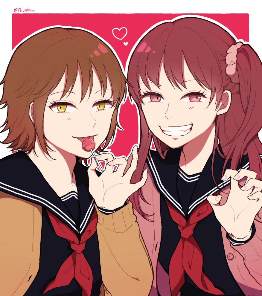 2girls, bangs, black_serafuku, brown_hair, candy, cardigan, claw_pose, fang