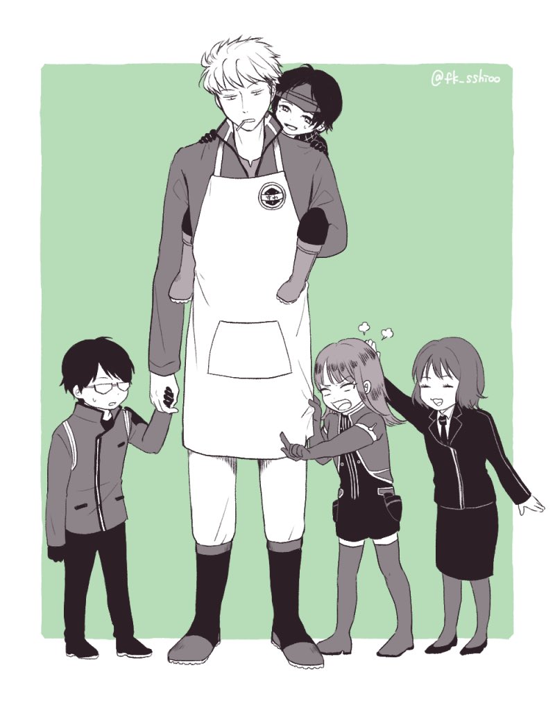 2girls, 3boys, ^_^, aged_down, angry, apron, arm_up, badge