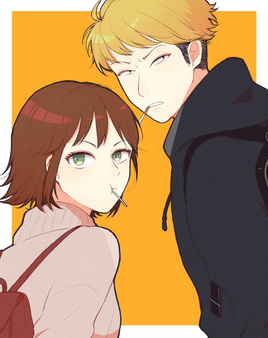 1boy, 1girl, :t, backpack, bag, bangs, black_hoodie, blonde_hair