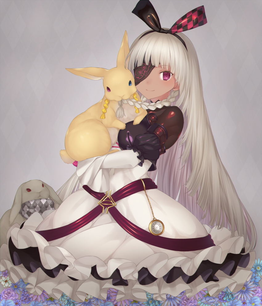 1girl, alyce_(dohna_dohna), animal, animalization, argyle, argyle_background, black_bodysuit, black_dress, bodysuit, bodysuit_under_clothes, braid, cross-laced_clothes, cross-laced_dress, dark-skinned_female, dark_skin, dohna_dohna_issho_ni_warui_koto_o_shiyou, dress, eating_hair, flower, frilled_dress, frills, gloves, grey_background, grey_hair, hairband, heterochromia, highres, holding, holding_animal, kuma_(dohna_dohna), light_blush, long_hair, looking_at_viewer, off-shoulder_dress, off_shoulder, pink_eyes, pink_gloves, pocket_watch, print_eyepatch, rabbit, scarf, side_braids, sitting, smile, two-tone_background, two-tone_dress, watch, white_dress, yammy_(dohna_dohna), yononaka