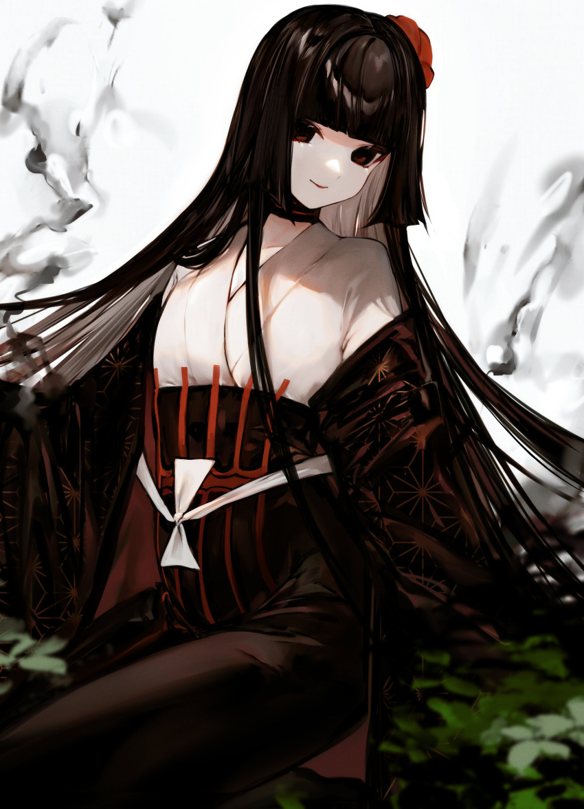 1girl, absurdres, albino_(a1b1n0623), asa_no_ha_(pattern), bangs, black_eyes, black_hair, black_skirt, blunt_bangs, closed_mouth, commentary_request, darkness, fate/grand_order, fate_(series), flower, hair_flower, hair_ornament, haori, highres, hime_cut, japanese_clothes, kimono, komahime_(fate), long_hair, pale_skin, red_flower, right-over-left_kimono, skirt, smile, solo, tsurime, very_long_hair