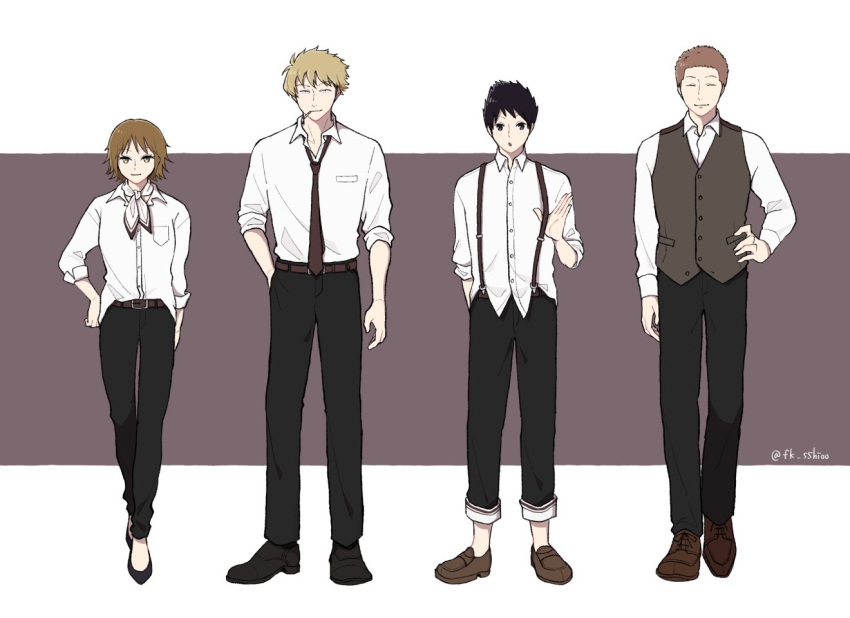 1girl, 3boys, :o, ^_^, bangs, black_footwear, black_hair, black_pants