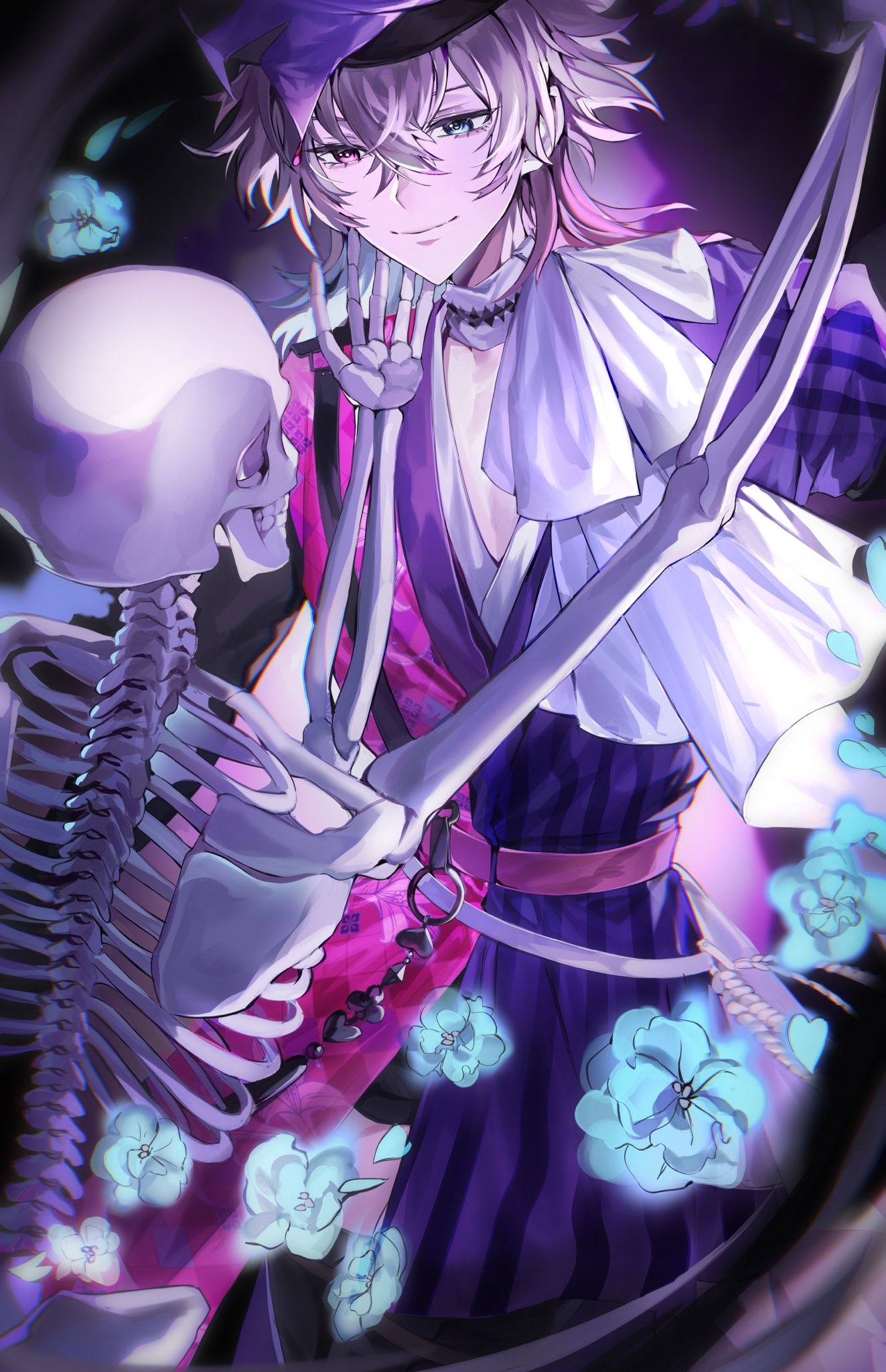 1boy, aqua_hair, black_gloves, black_headwear, blue_eyes, blue_flower, flower, gavis_bettel