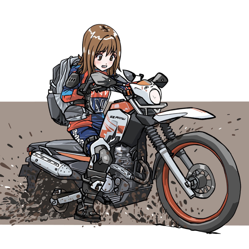 1girl, backpack, bag, bangs, black_footwear, blue_pants, boots, brown_eyes, brown_hair, dirtbike, ground_vehicle, highres, looking_down, medium_hair, motor_vehicle, motorcycle, mud, original, pants, red_shirt, scared, shin_osawa, shirt, solo, vehicle_focus