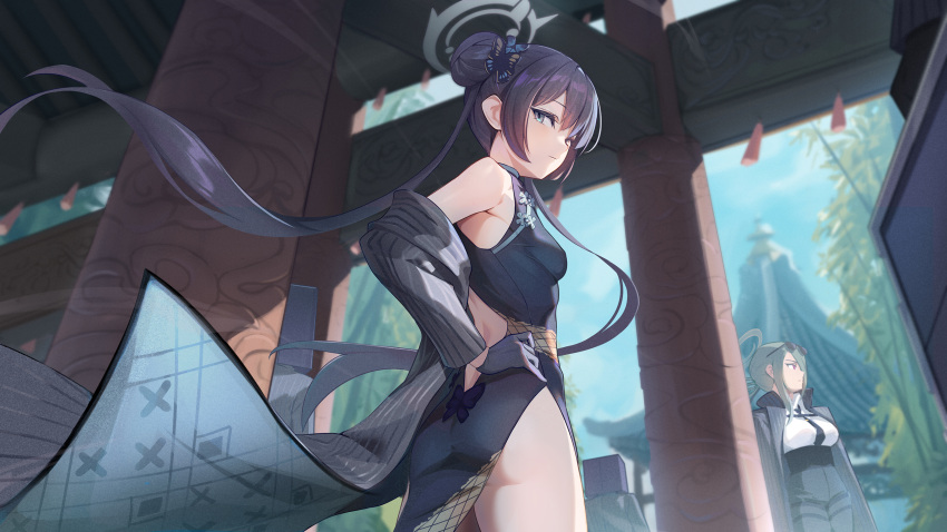 2girls, bangs, bare_shoulders, black_dress, black_hair, blue_archive, butterfly_hair_ornament, china_dress, chinese_clothes, coat, double_bun, dress, grey_eyes, hair_bun, hair_ornament, hand_on_hip, highres, iandrea, kisaki_(blue_archive), long_hair, looking_at_viewer, looking_back, mina_(blue_archive), multiple_girls, no_panties, off_shoulder, pelvic_curtain, side_slit, very_long_hair