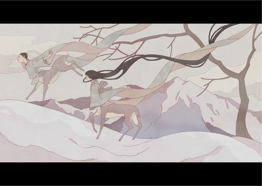 1boy, 1girl, absurdly_long_hair, bare_tree, black_hair, blue_kimono, centauroid, closed_mouth