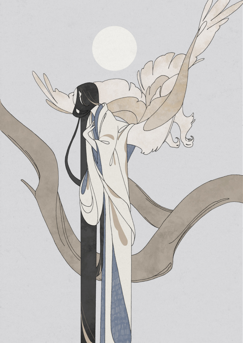 1girl, absurdly_long_hair, absurdres, bird_girl, bird_tail, bird_wings, black_hair, branch