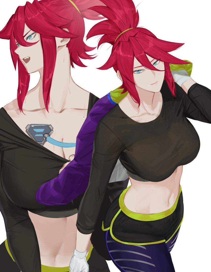 1girl, bangs, black_pantyhose, blue_eyes, breasts, ex-trident, gloves, green_eyes