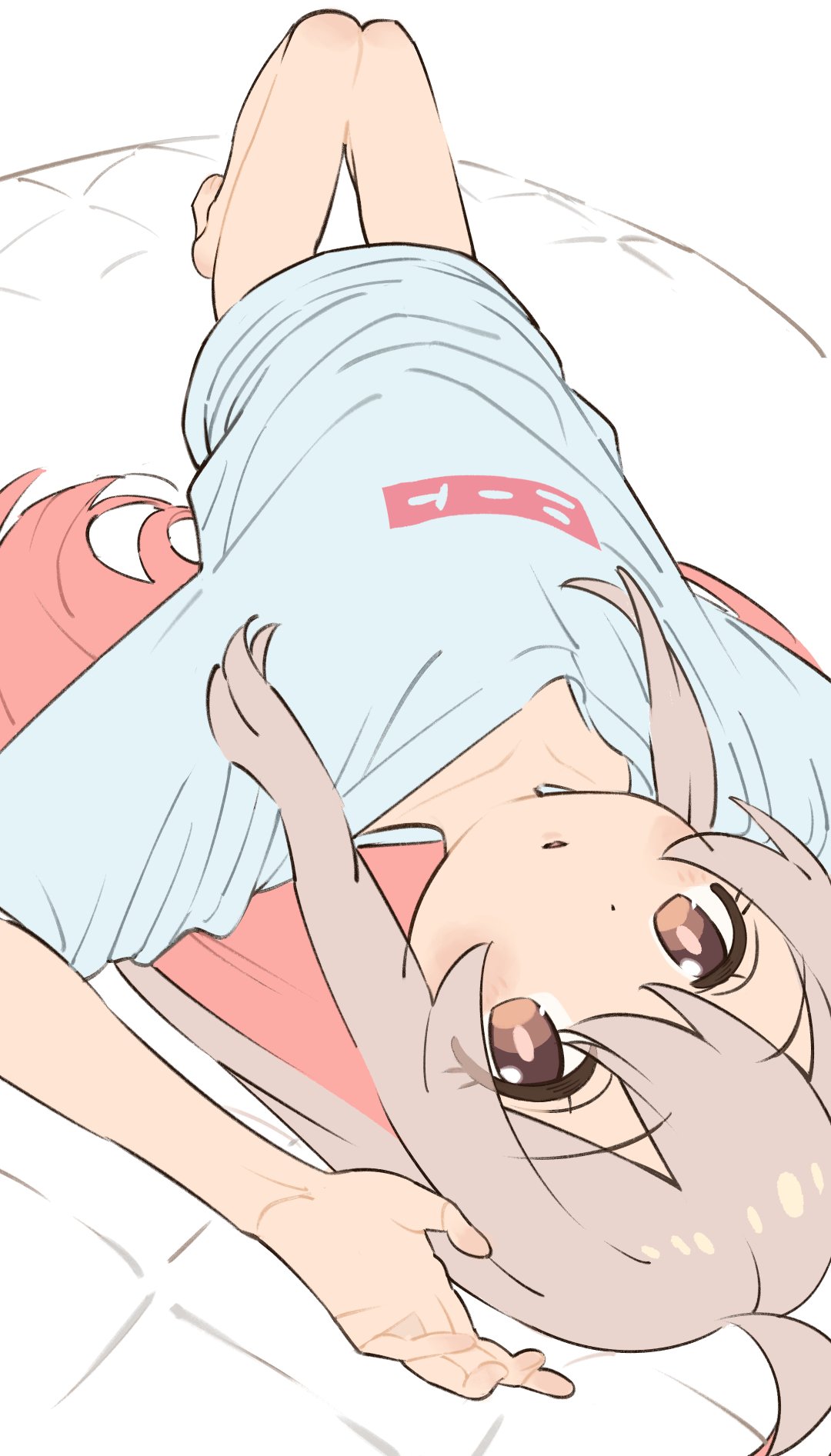 1girl, 2kai_floor, ahoge, bare_legs, clothes_writing, highres, long_hair, looking_at_viewer