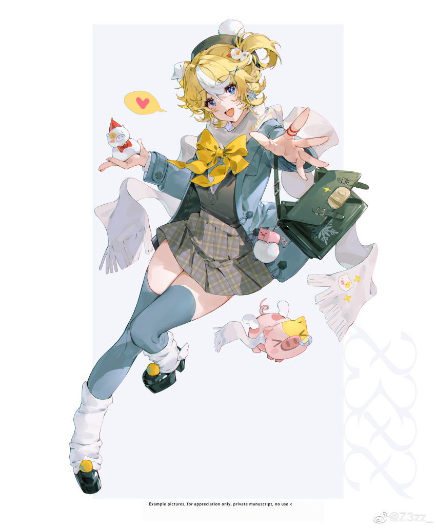 1girl, absurdres, bag, bangs, blonde_hair, blue_eyes, blush, bow, commentary, full_body, grey_thighhighs, handbag, heart, highres, holding, looking_at_viewer, loose_socks, multicolored_hair, open_mouth, original, outstretched_arm, outstretched_hand, plaid, plaid_skirt, pleated_skirt, scarf, short_hair, sidelocks, simple_background, skirt, snowman_hair_ornament, socks, spoken_heart, stuffed_animal, stuffed_pig, stuffed_toy, symbol-only_commentary, teeth, thigh-highs, two-tone_hair, upper_teeth_only, weibo_id, weibo_logo, white_hair, white_scarf, yellow_bow, z3zz4, zettai_ryouiki