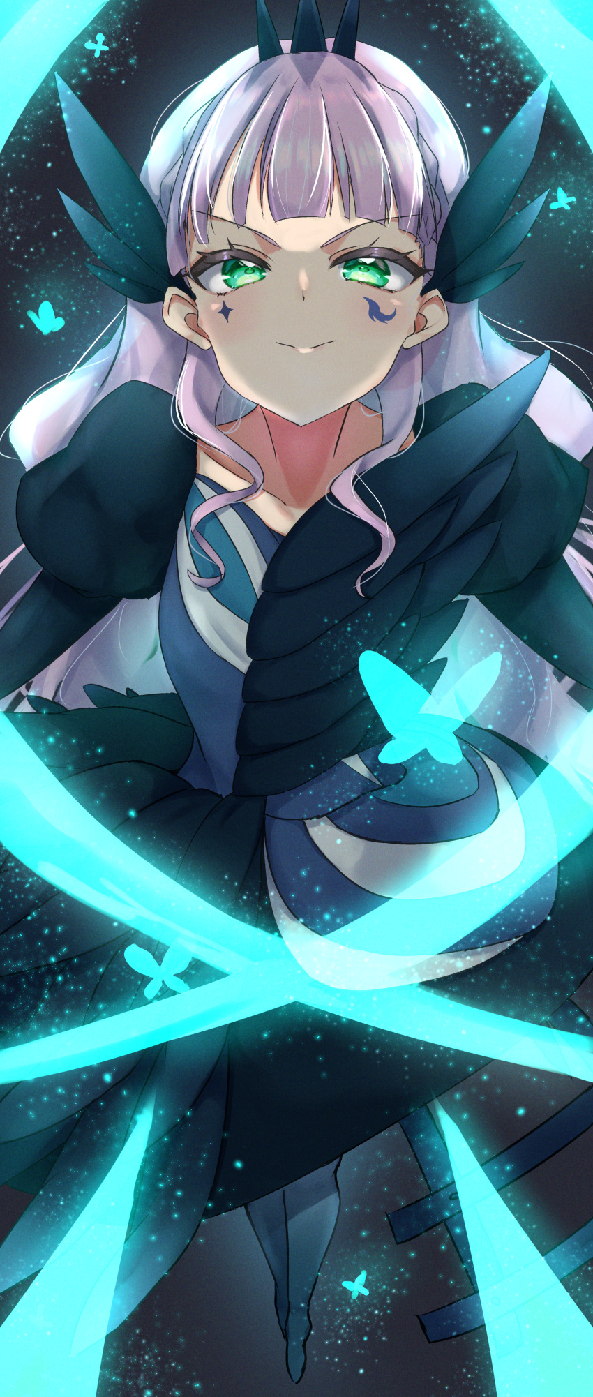 1girl, absurdres, bangs, black_dress, blue_butterfly, blunt_bangs, bug, butterfly