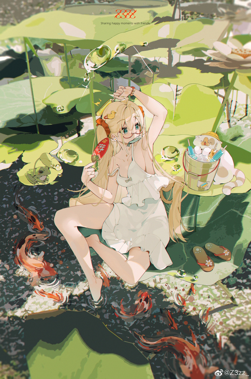 1girl, absurdres, ahoge, armpits, bangs, blonde_hair, blush, breasts
