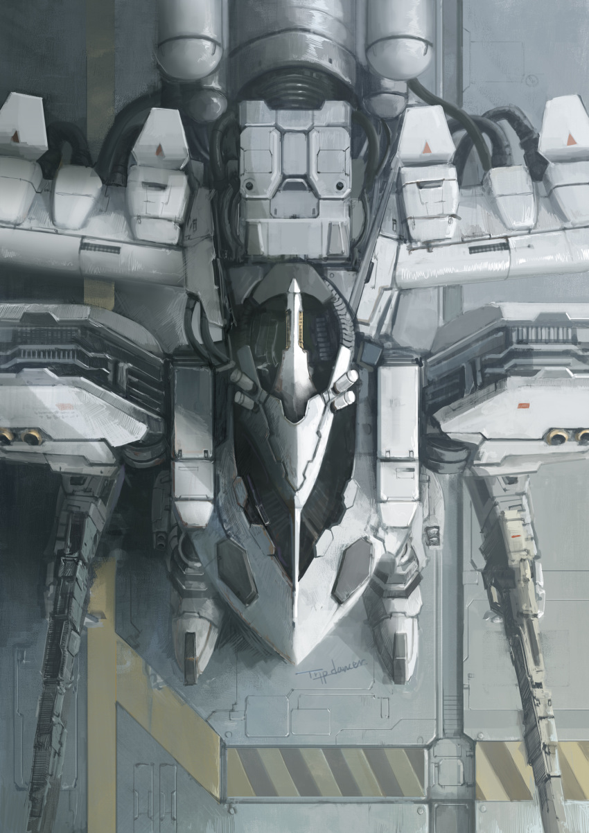 armored_core, armored_core:_for_answer, dual_wielding, from_above, gun, highres, holding, mecha, no_humans, robot, tripdancer, vanguard_overed_boost, weapon, white_glint