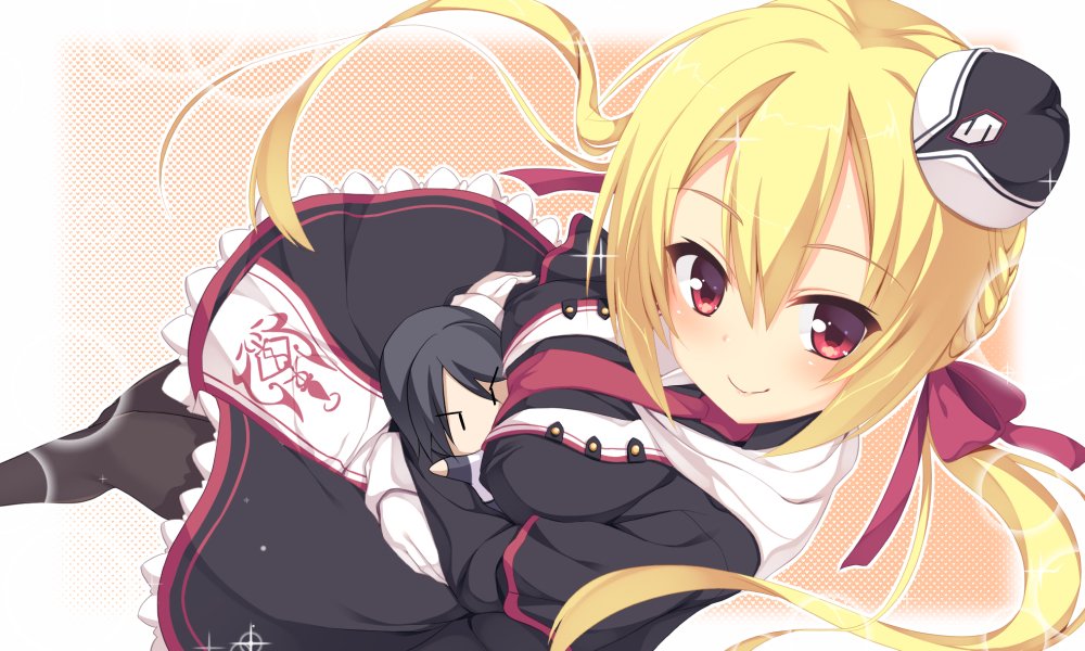 1boy, 1girl, aria., arihara_nanami, arihara_satoru, bangs, beret, between_breasts