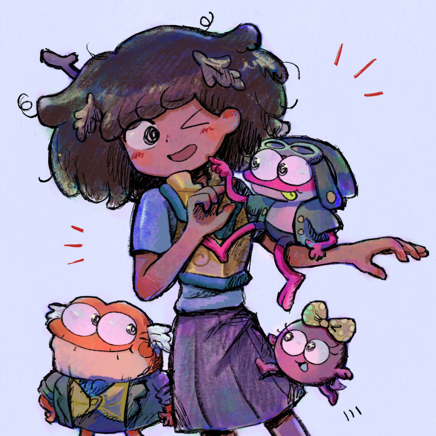 2boys, 2girls, 770nanao15, absurdres, amphibia, anne_boonchuy, armor, blue_background