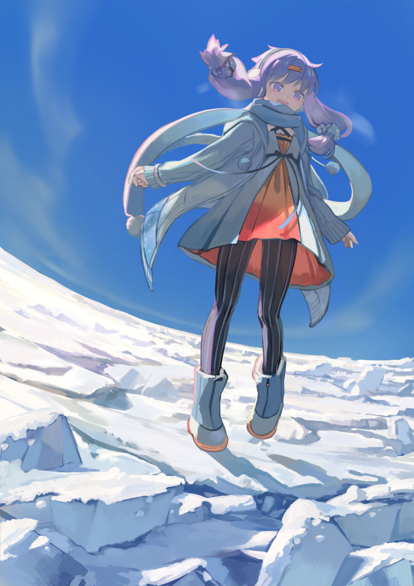 1girl, absurdres, black_pantyhose, boots, coat, day, dress, earmuffs