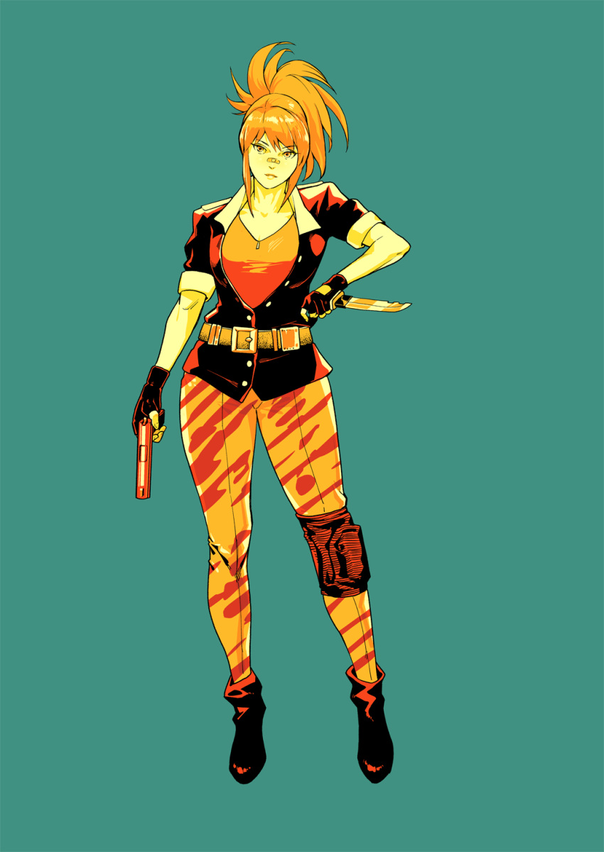 1girl, aqua_background, belt, black_footwear, black_jacket, boots, fingerless_gloves, gloves, gun, highres, holding, holding_gun, holding_knife, holding_weapon, jacket, knee_pads, knife, leona_heidern, limited_palette, medium_hair, orange_hair, orange_pants, orange_shirt, pants, ponytail, print_pants, shirt, short_sleeves, simple_background, single_knee_pad, snk, solo, suyinliao, the_king_of_fighters, weapon
