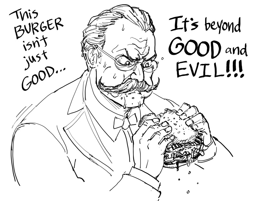 1boy, absurdres, bb_(baalbuddy), burger, collared_shirt, commentary, cropped_torso, eating, english_commentary, english_text, facial_hair, food, friedrich_nietzsche, glaring, glasses, greyscale, highres, holding, holding_food, long_sleeves, monochrome, mustache, real_life, shirt, short_hair, solo, sweat, upper_body