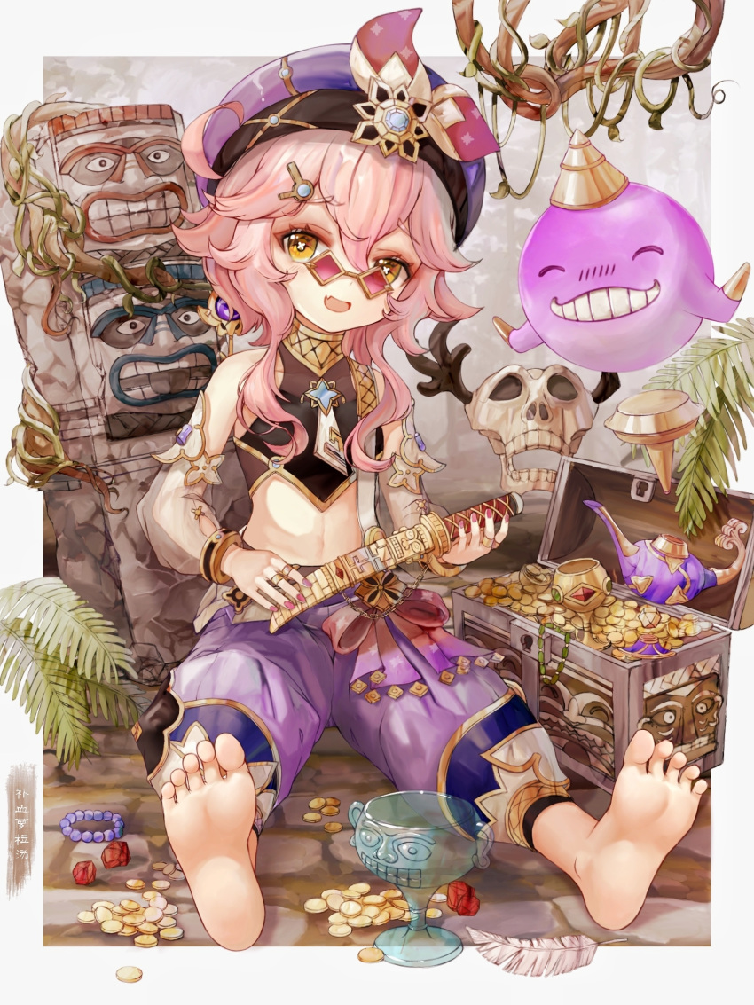 1girl, bangs, barefoot, beret, black_shirt, blue_gemstone, blush, border
