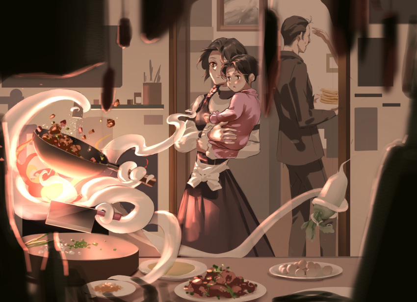 2boys, 3girls, aunt_and_niece, baby, bangs, benson_moretti, black_dress, black_hair, black_jacket, black_pants, blurry, blurry_foreground, blush, brown_eyes, btt59, chinese_commentary, commentary_request, cooking, dress, family, fire, food, highres, holding, holding_baby, holding_plate, indoors, jacket, klein_moretti, long_hair, looking_at_object, lord_of_the_mysteries, lucy_brook, machete, melissa_moretti, multiple_boys, multiple_girls, pants, plate, radish, shaded_face, siblings, smile, tentacles, uncle_and_niece, waffle, wok