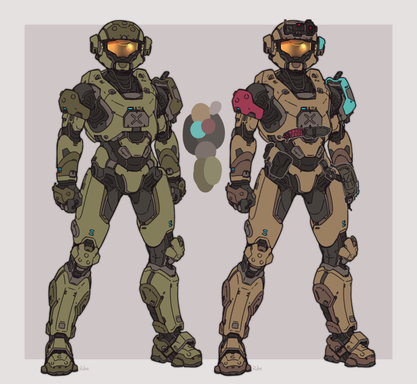 2others, ambiguous_gender, assault_visor, border, clenched_hands, color_guide, grey_background, grey_border