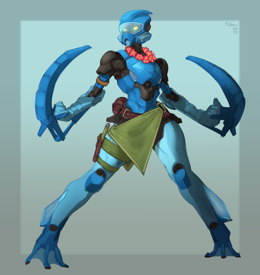 1girl, aqua_background, aqua_border, arm_blade, assault_visor, belt, bionicle, brown_belt