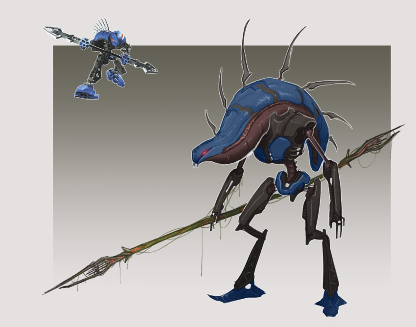 bionicle, border, from_side, glowing, glowing_eye, grey_background, grey_border, guurahk_(bionicle), highres, holding, holding_polearm, holding_weapon, monster, outside_border, polearm, rahkshi_(bionicle), red_eyes, redesign, reference_inset, ruben_menzel, solo, spear, the_lego_group, weapon