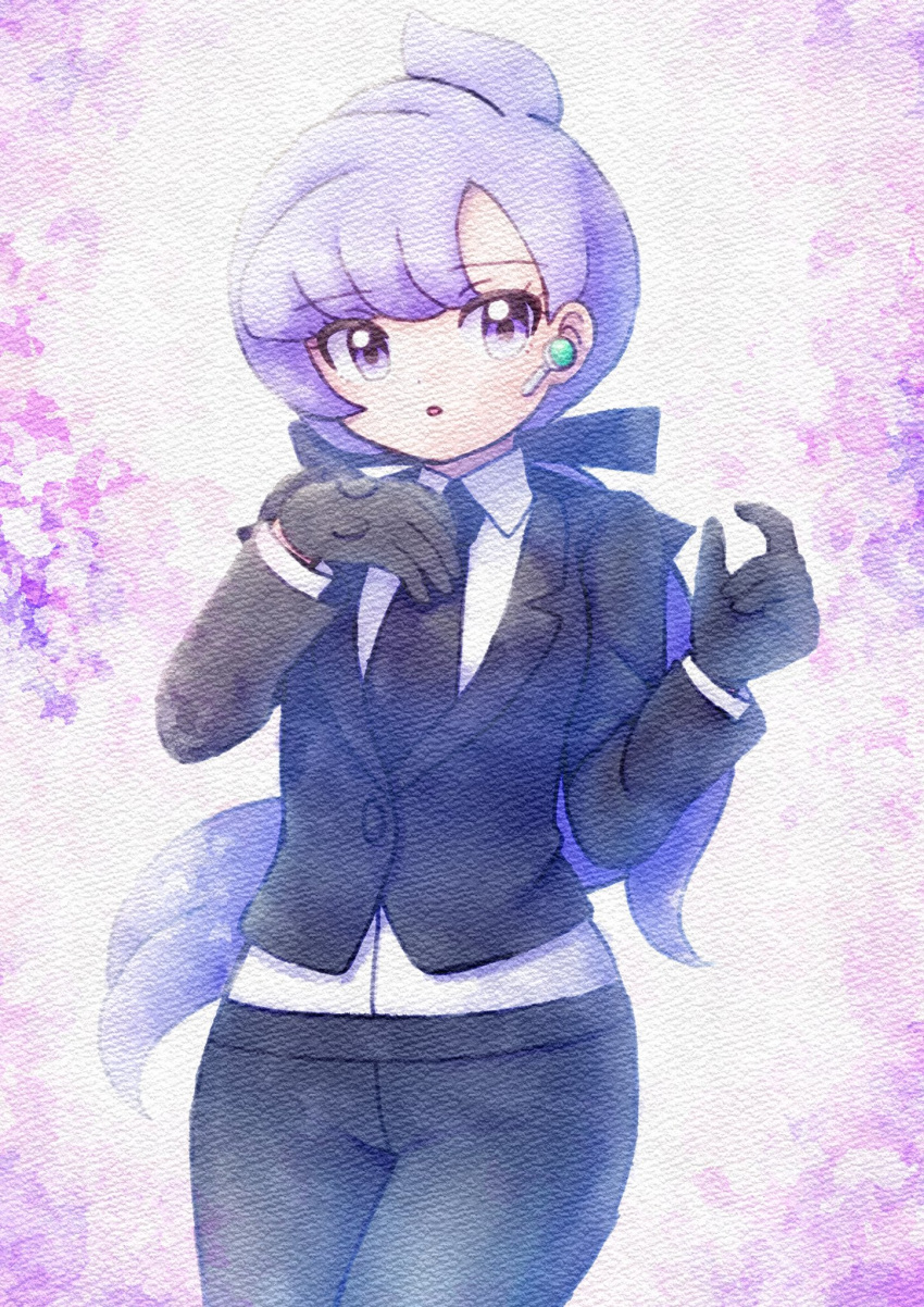 1girl, anabel_(pokemon), bangs, black_gloves, black_jacket, black_necktie, black_pants, black_ribbon