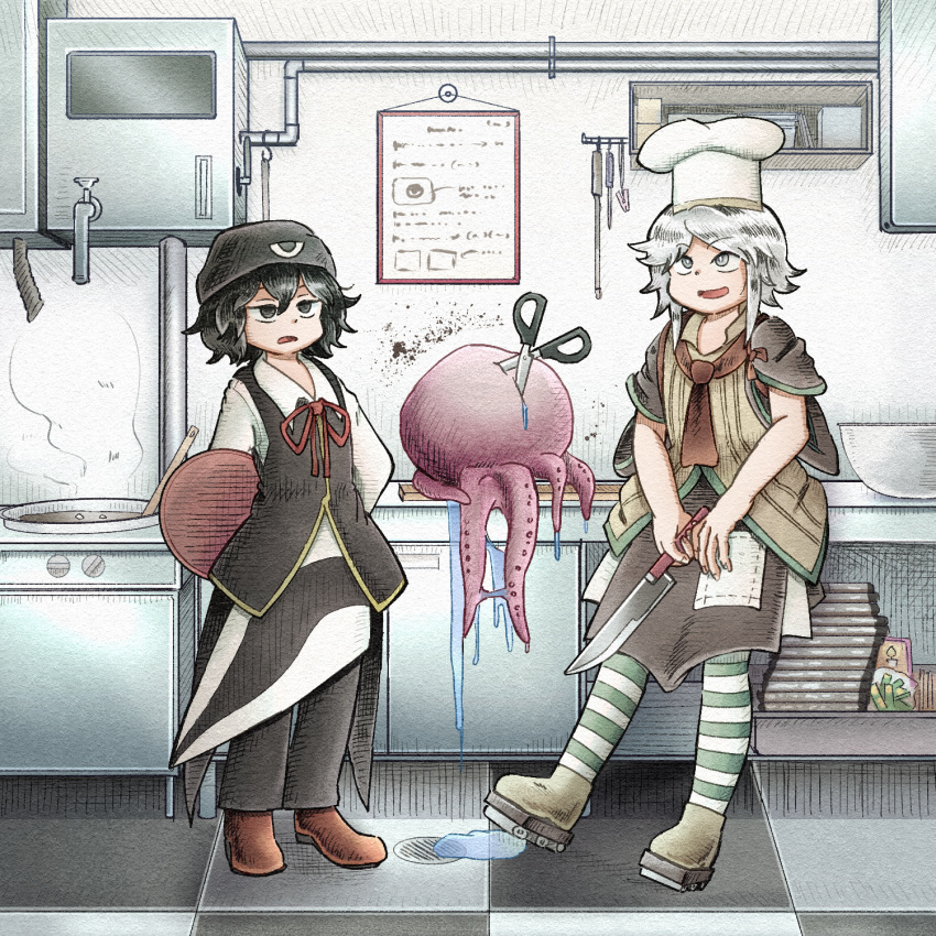 2others, androgynous, apron, black_apron, black_eyes, black_hair, black_headwear, black_pants