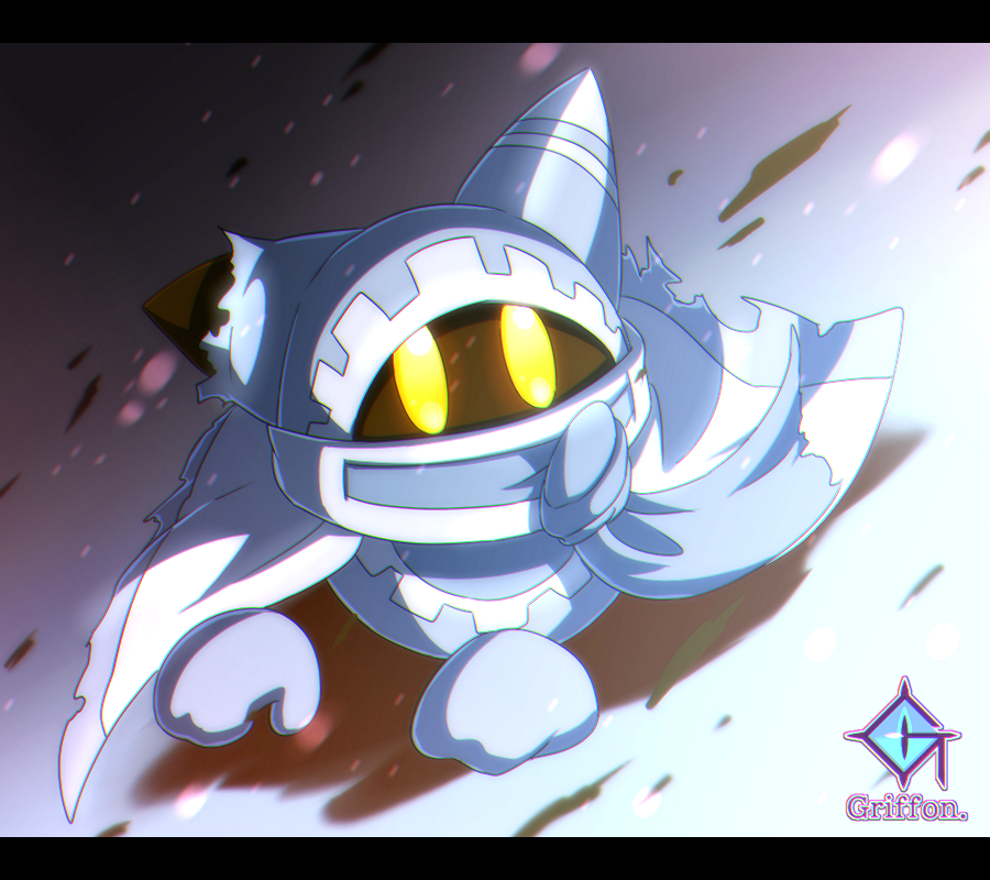 artist_logo, cloak, disembodied_limb, gloves, gurifon, kirby's_return_to_dream_land, kirby_(series), light_particles, looking_at_viewer, magolor, no_humans, solid_oval_eyes, solo, torn_cloak, torn_clothes, yellow_eyes