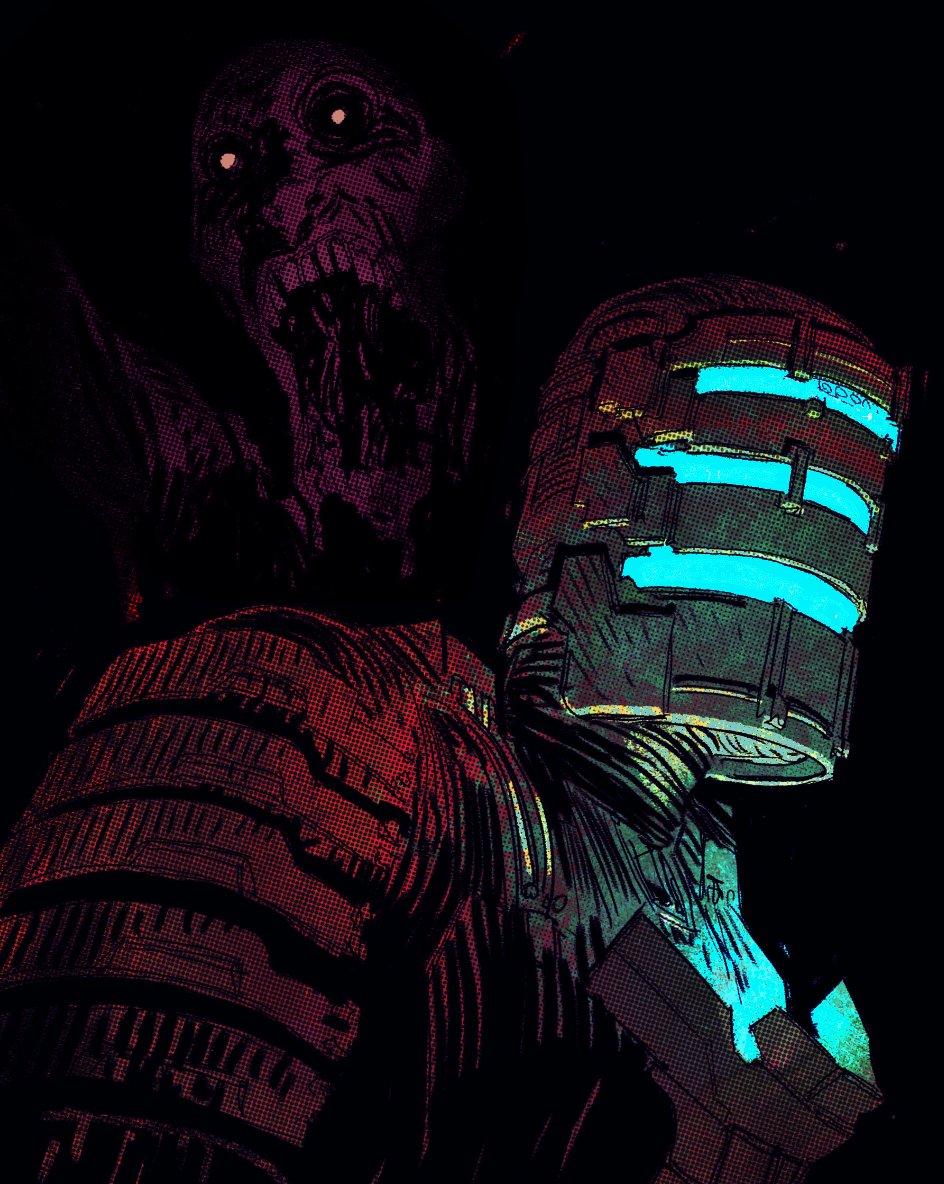 1boy, 1other, black_background, dead_space, english_commentary, glowing, hayden_sherman, helmet, horror_(theme), isaac_clarke, male_focus, necromorph, open_mouth, orange_eyes, portrait, science_fiction, western_comics_(style)